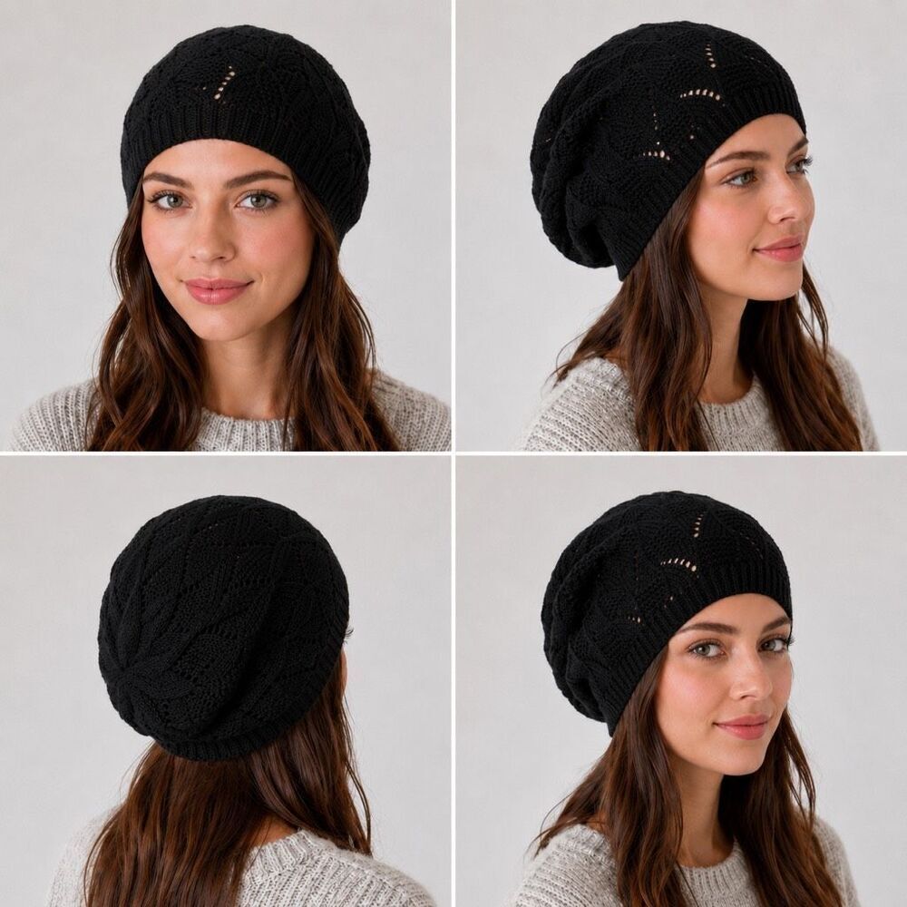Bohemian Black Cable Knit Slouchy Beanie Hat OS Soft Lightweight Winter NWOT